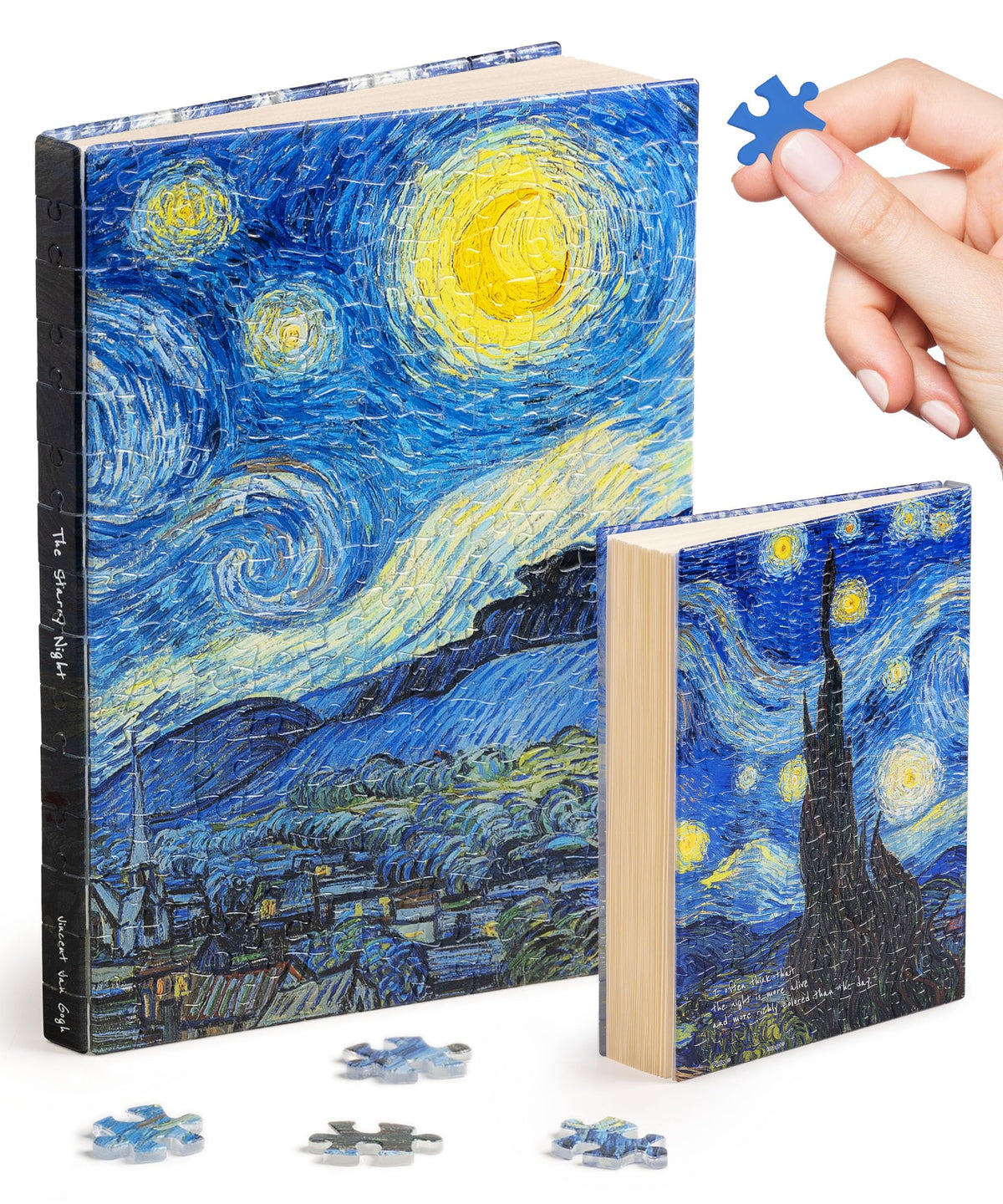 PieceRelax Van Gogh Starry Night cover on notebook, durable puzzle-inspired design.