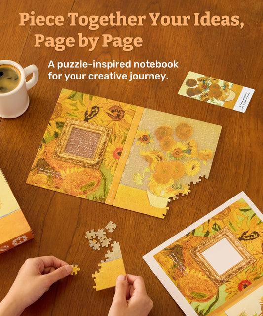 PieceRelax A5 puzzle journal open on a desk for planning and writing.