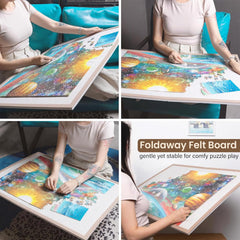 Piecevana jigsaw board folds flat for slim storage under furniture.