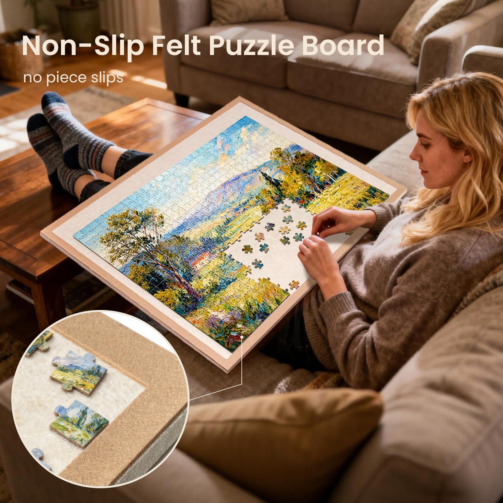 Piecevana jigsaw board raised edge keeps puzzles secure during puzzling.