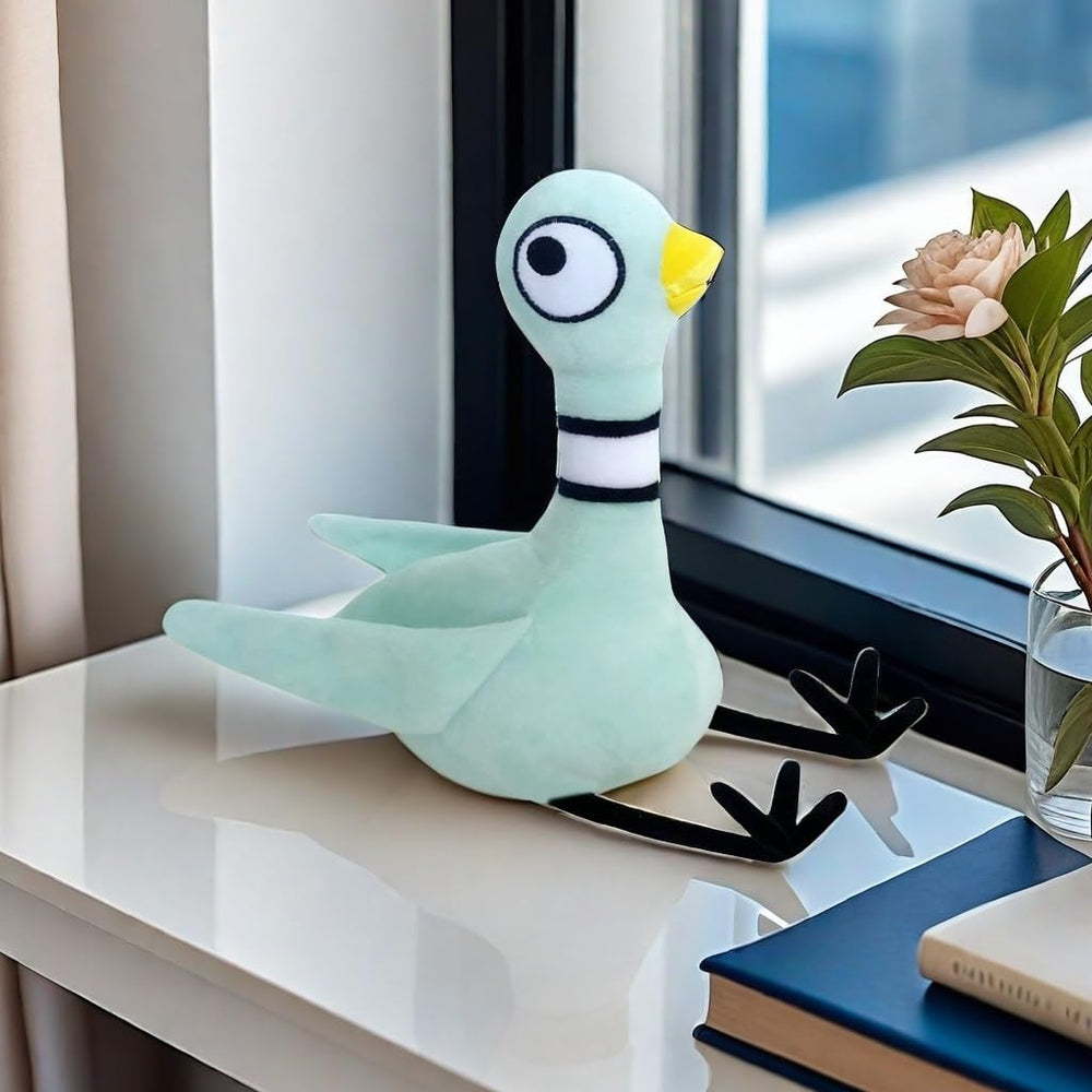 Pigeon Plush bedroom decor shot adds cute charm to kids’ rooms.