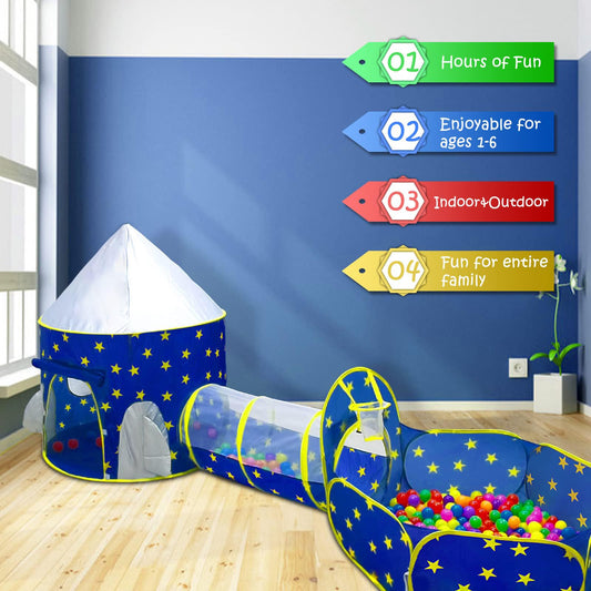 PigPigPen tunnel connects to a space rocket setup, encouraging crawling and imaginative play.