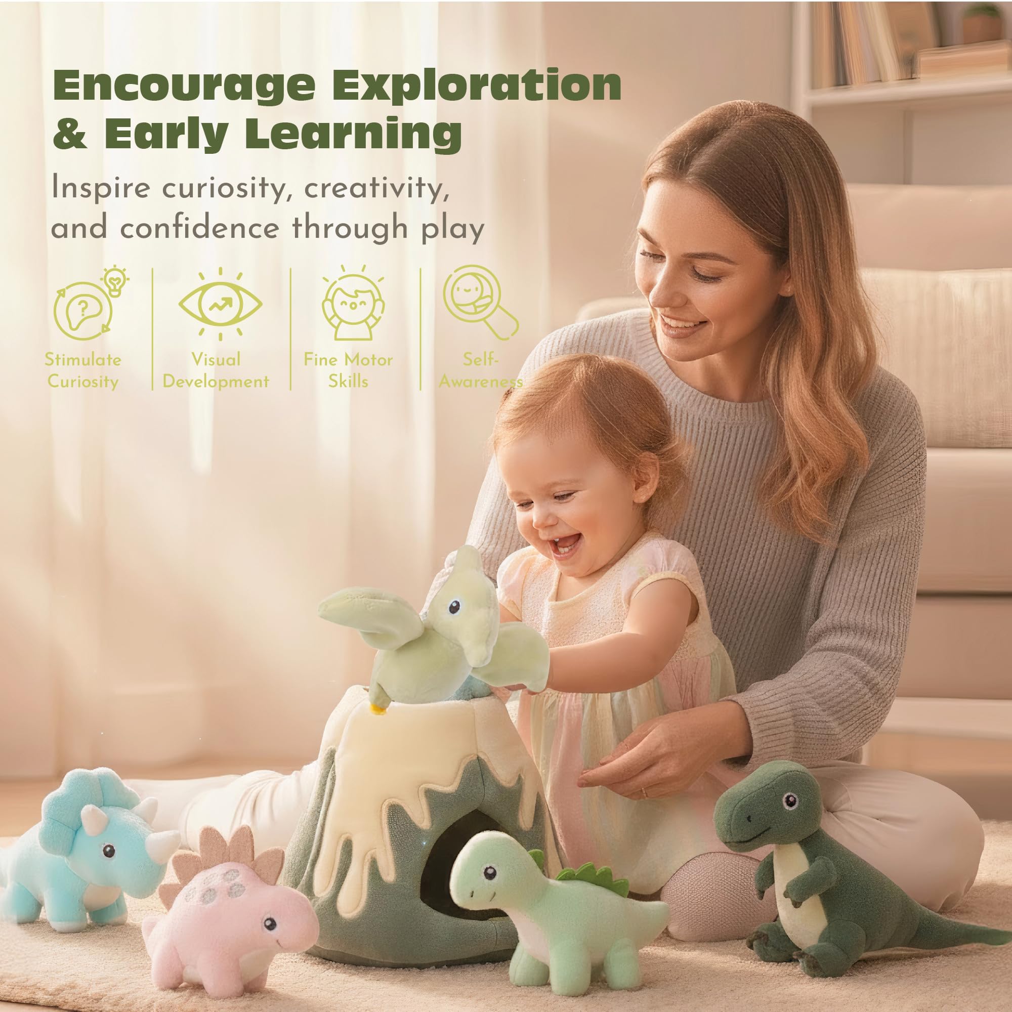 PIIKAGO Triceratops plush dinosaur for fine motor play.