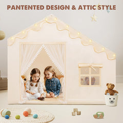 PIIKAGO beige playhouse — versatile setup for indoor and outdoor use.