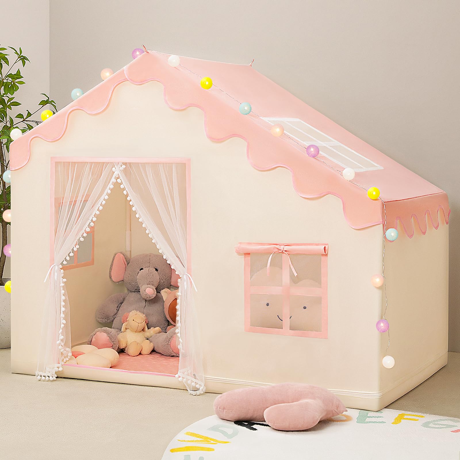 PIIKAGO play tent with pink ball lights enhances cozy indoor playtime.