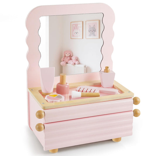 PIIKAGO wooden kids vanity display case keeps accessories neatly organized.