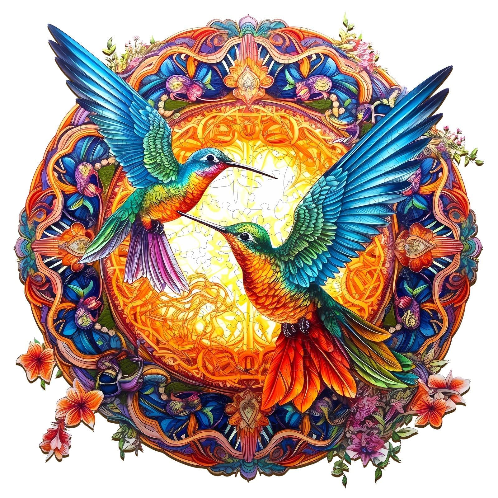 Pijesaksa hummingbird mandala puzzle top view showing interlocking pieces for adults.