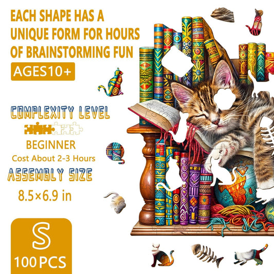 Pijesaksa library kitten wood puzzle with detailed illustration for cat lovers.
