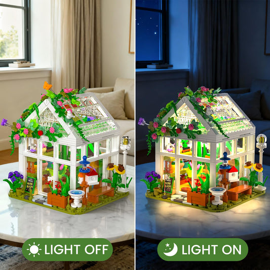 PIKARO Flowers House with LED light—roof open reveals lush plants for display.