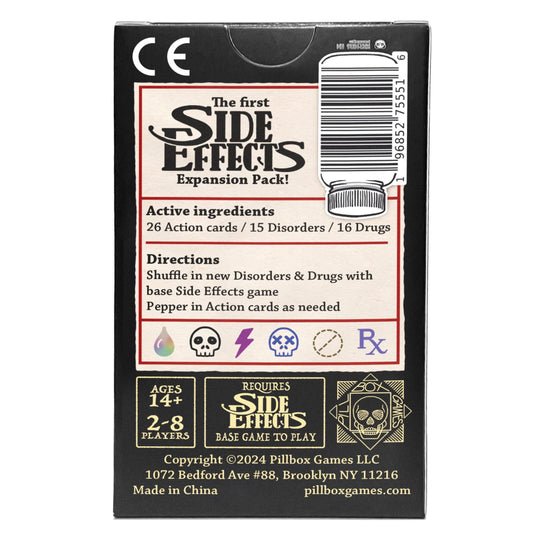 Pillbox Games Side Effects Booster Shot disorder cards on table, adding new twists and challenges.