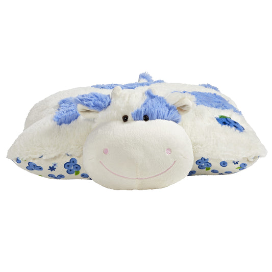 Close-up of Pillow Pets Blueberry Cow face, soft and cuddly