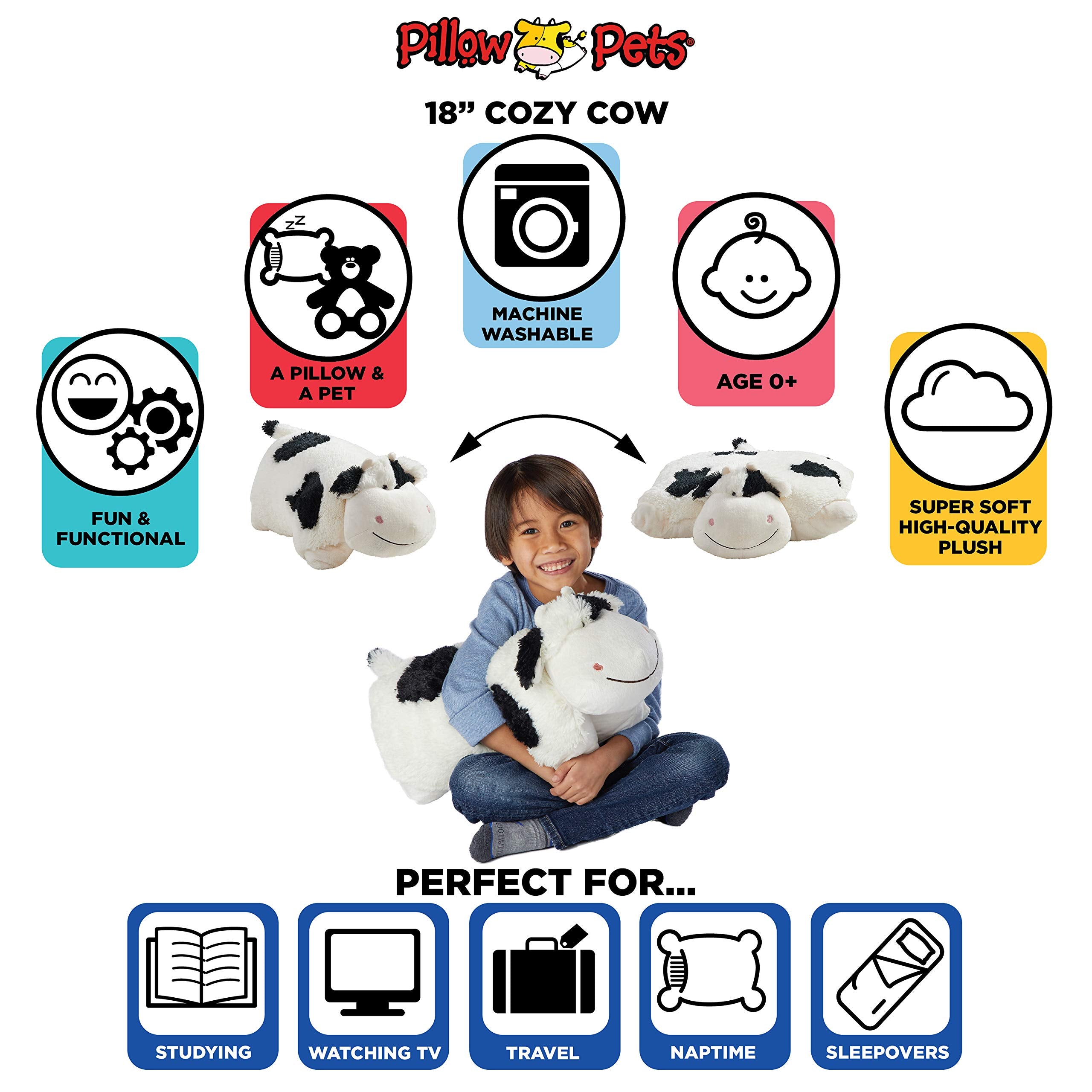 Pillow Pets Cozy Cow belly-unfold feature reveals a soft pillow form.