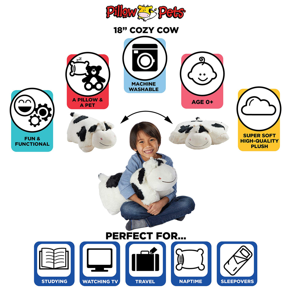 Pillow Pets Cozy Cow belly-unfold feature reveals a soft pillow form.