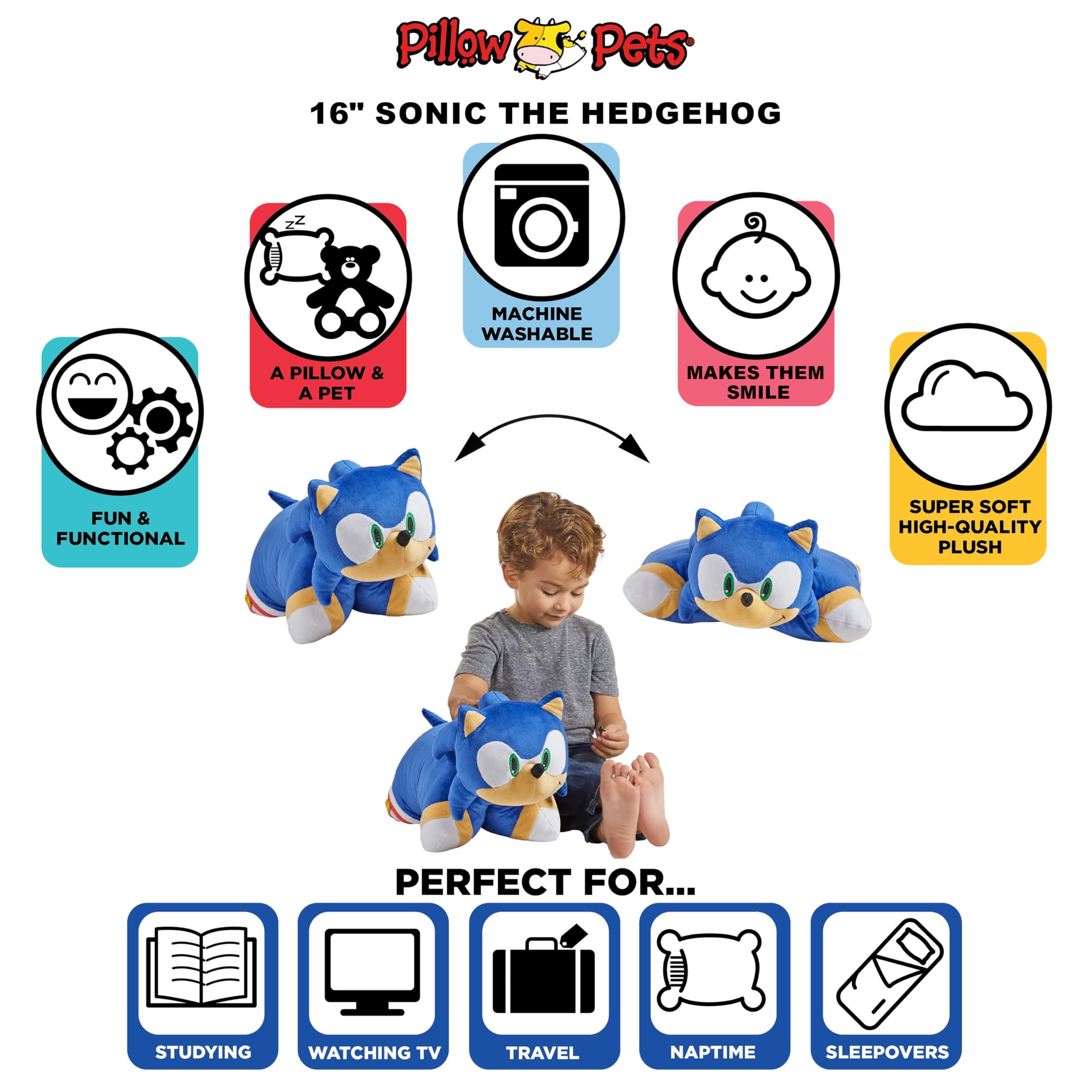 Sonic Hedgehog Pillow Pets shown as a night pillow for bed.