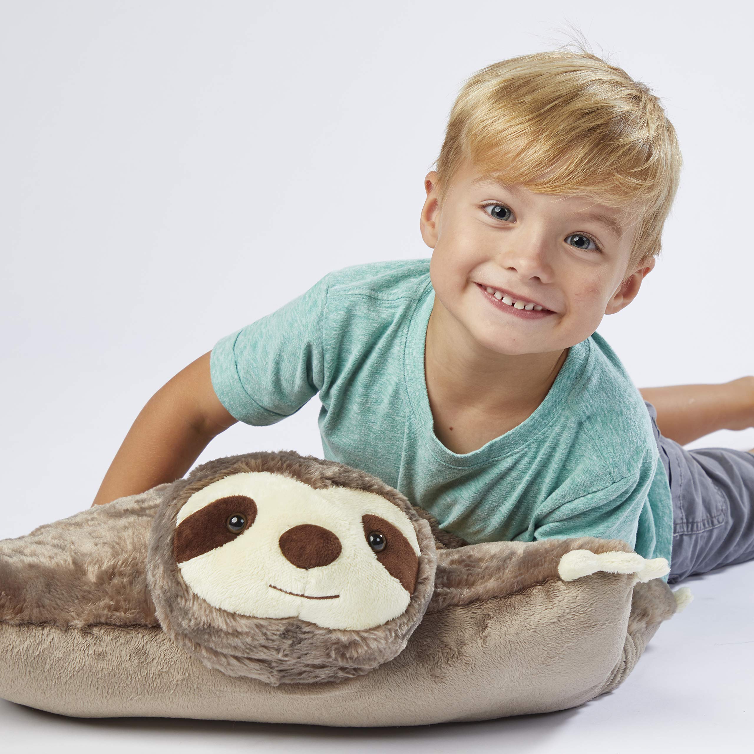 Close-up of Sunny Sloth's friendly face with plush texture.