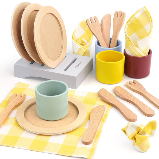 Pillowhale wooden toy plates and dishes set with placemats for pretend meals