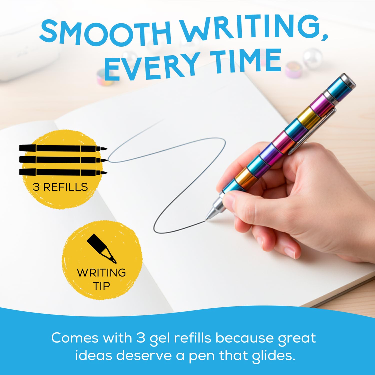 PILPOC Fidget Pen in desk use for focused note taking and drawing.