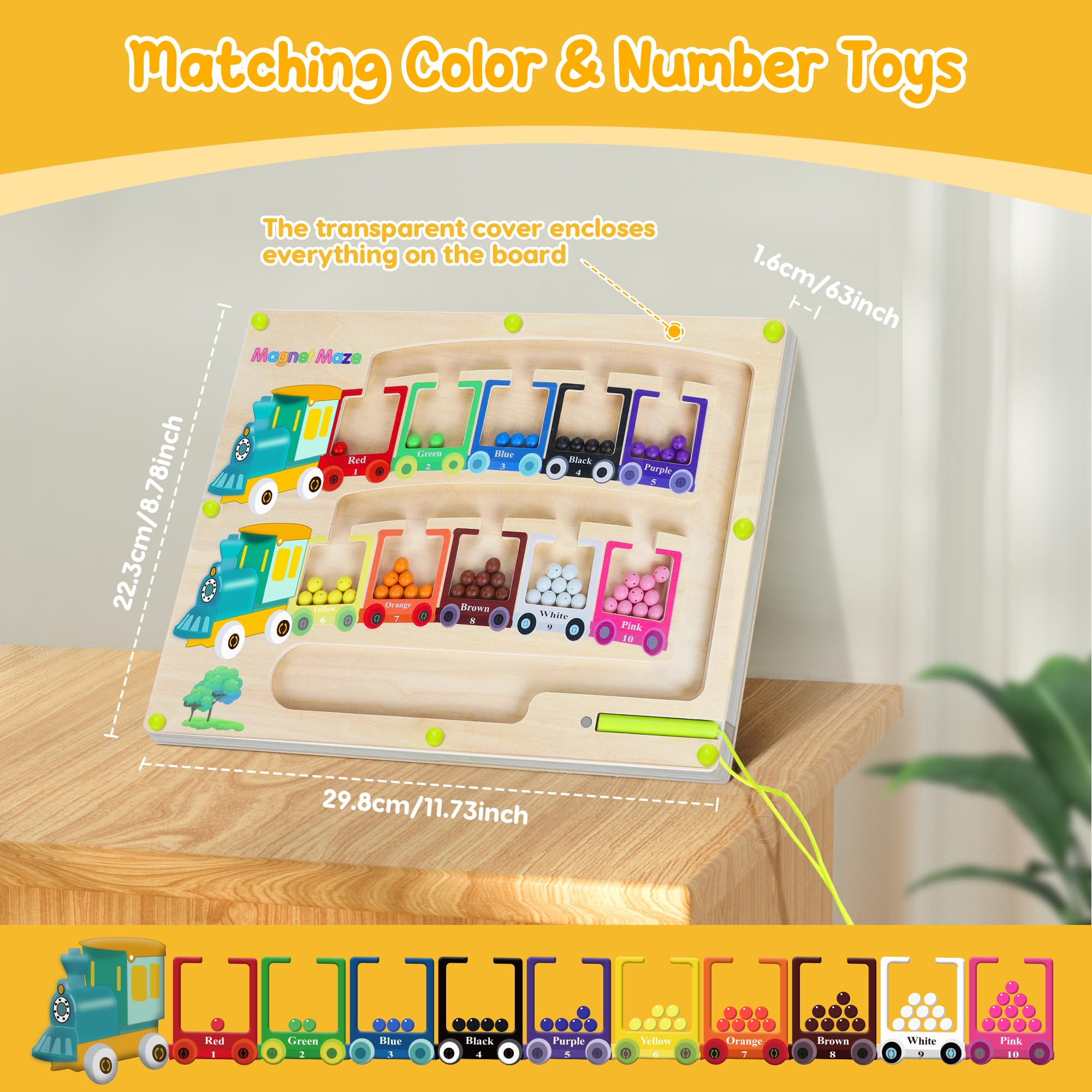 Pincush wooden magnetic puzzle train carriages for color matching and counting