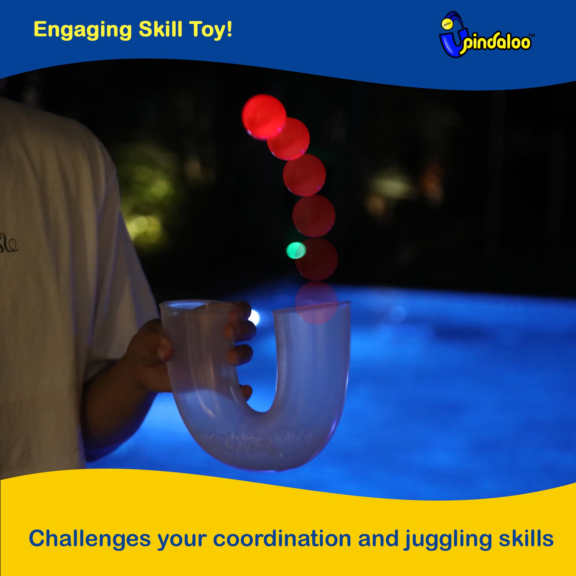 Pindaloo neon LED action shot showcases quick throws and catch practice boosting motor skills
