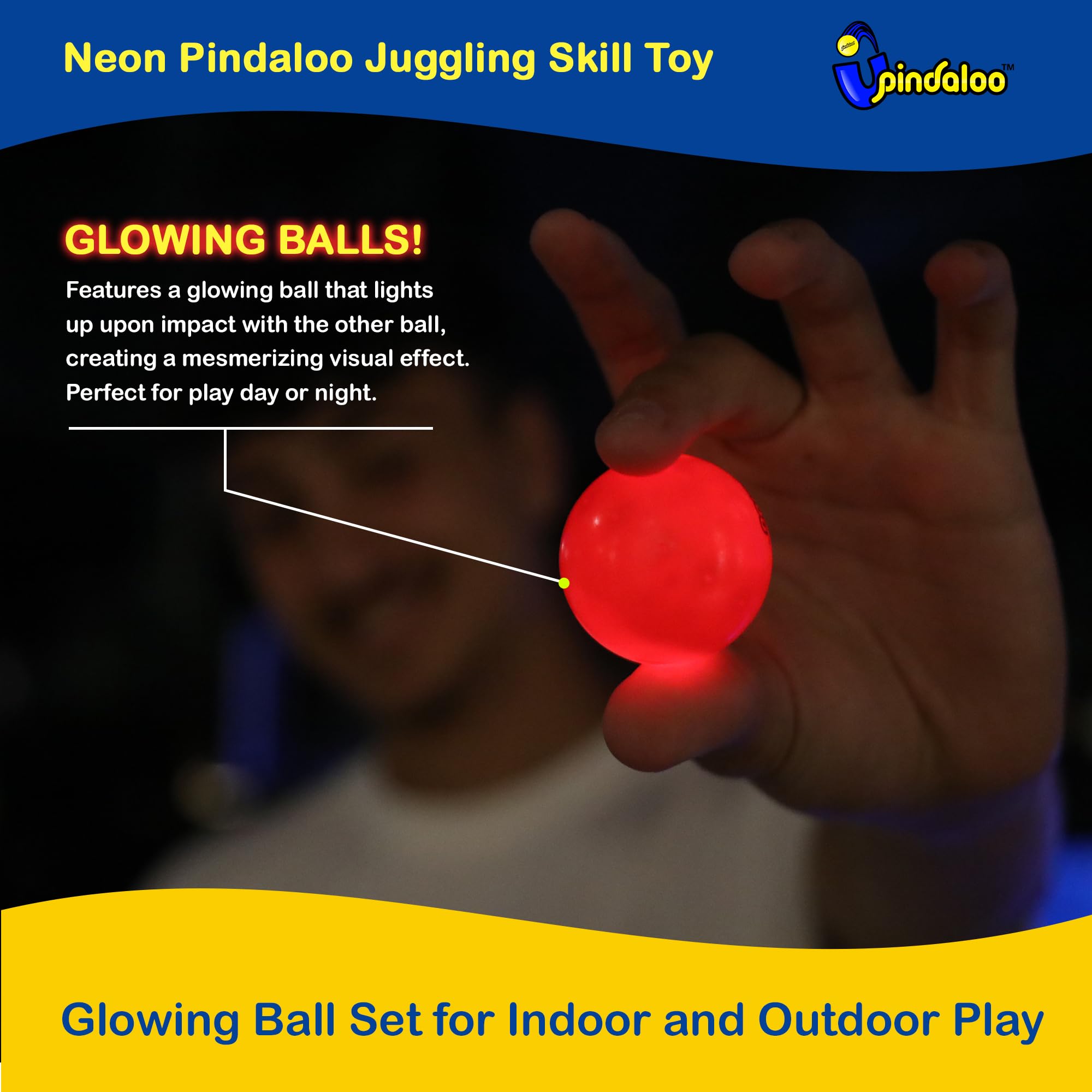 Pindaloo neon LED ball catch trick highlights playful skill-building and focus