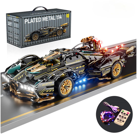 PinkBee sport car building kit front view with illuminated LED accents for display.