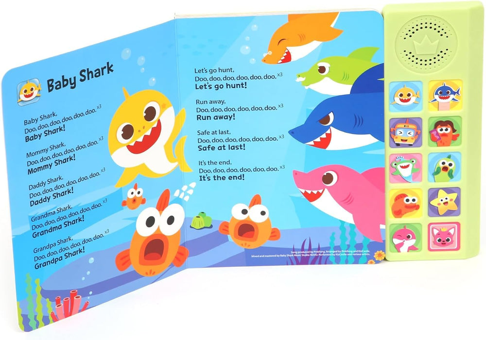 Batteries secured behind safety cover on Pinkfong Baby Shark sound book.