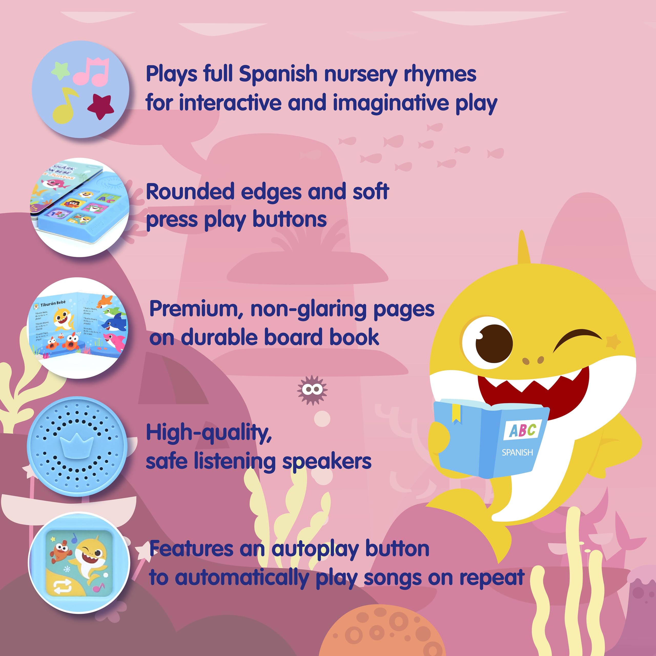Pinkfong Baby Shark English and Spanish pages showcase bilingual learning