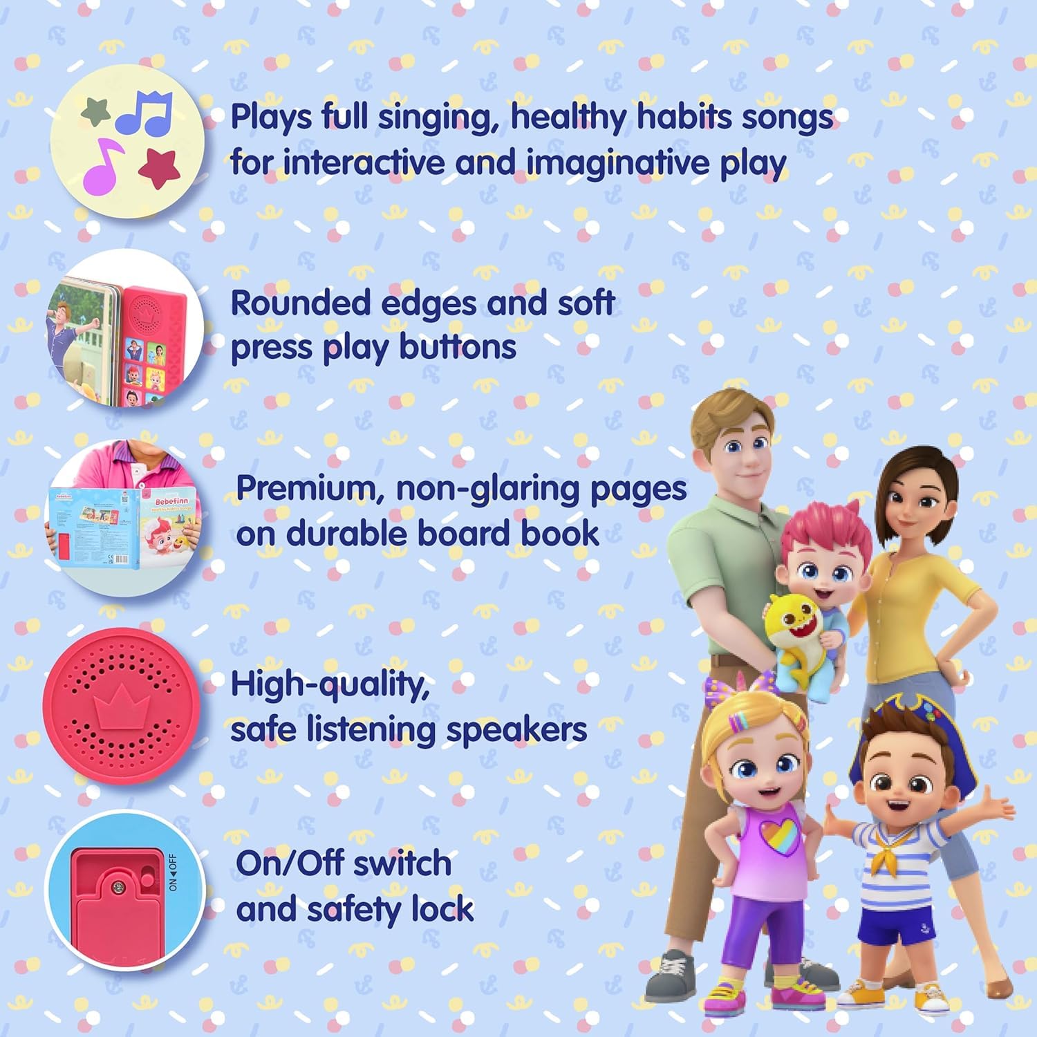 Pinkfong Bebefinn 10-button interface invites kid-friendly song playback and discovery.