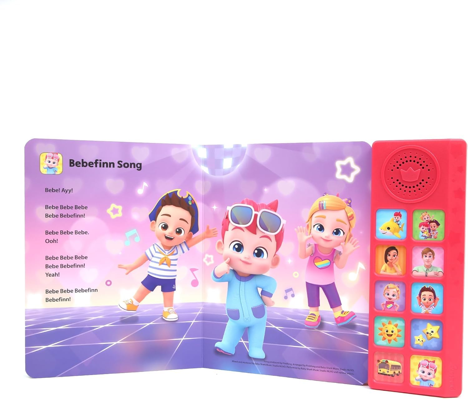 Pinkfong Bebefinn Song page with bright illustrations supports listening