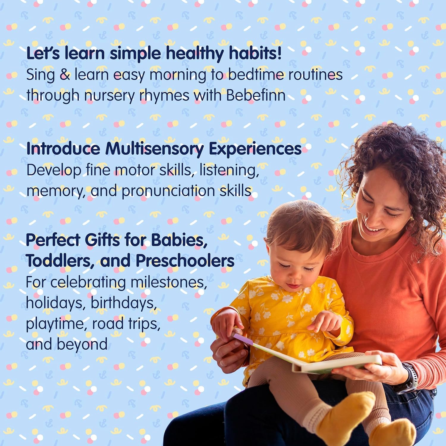 Pinkfong Bebefinn lyrics pages highlight songs to boost listening and memory.