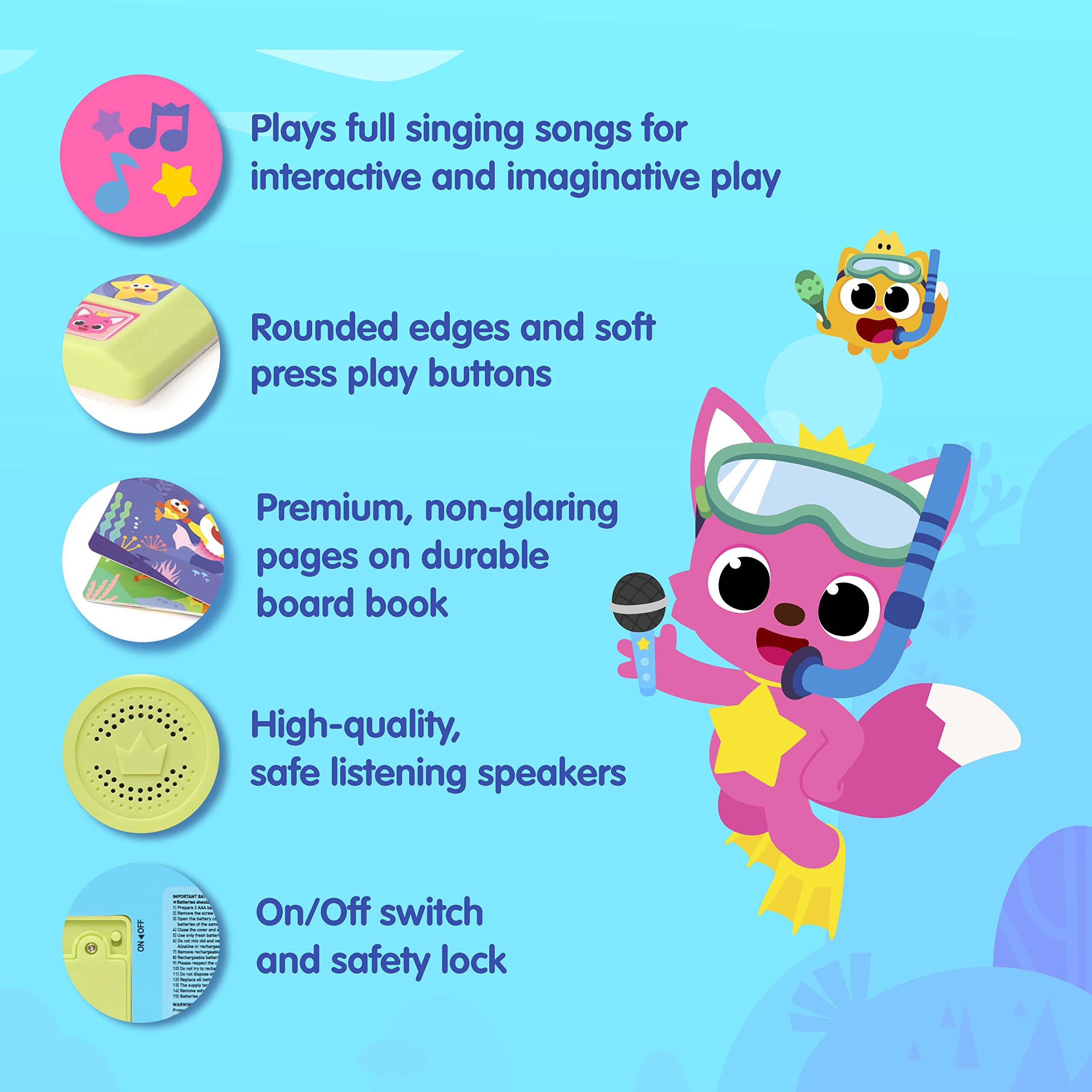 Pinkfong book plays Baby Shark and other songs for engaging play.
