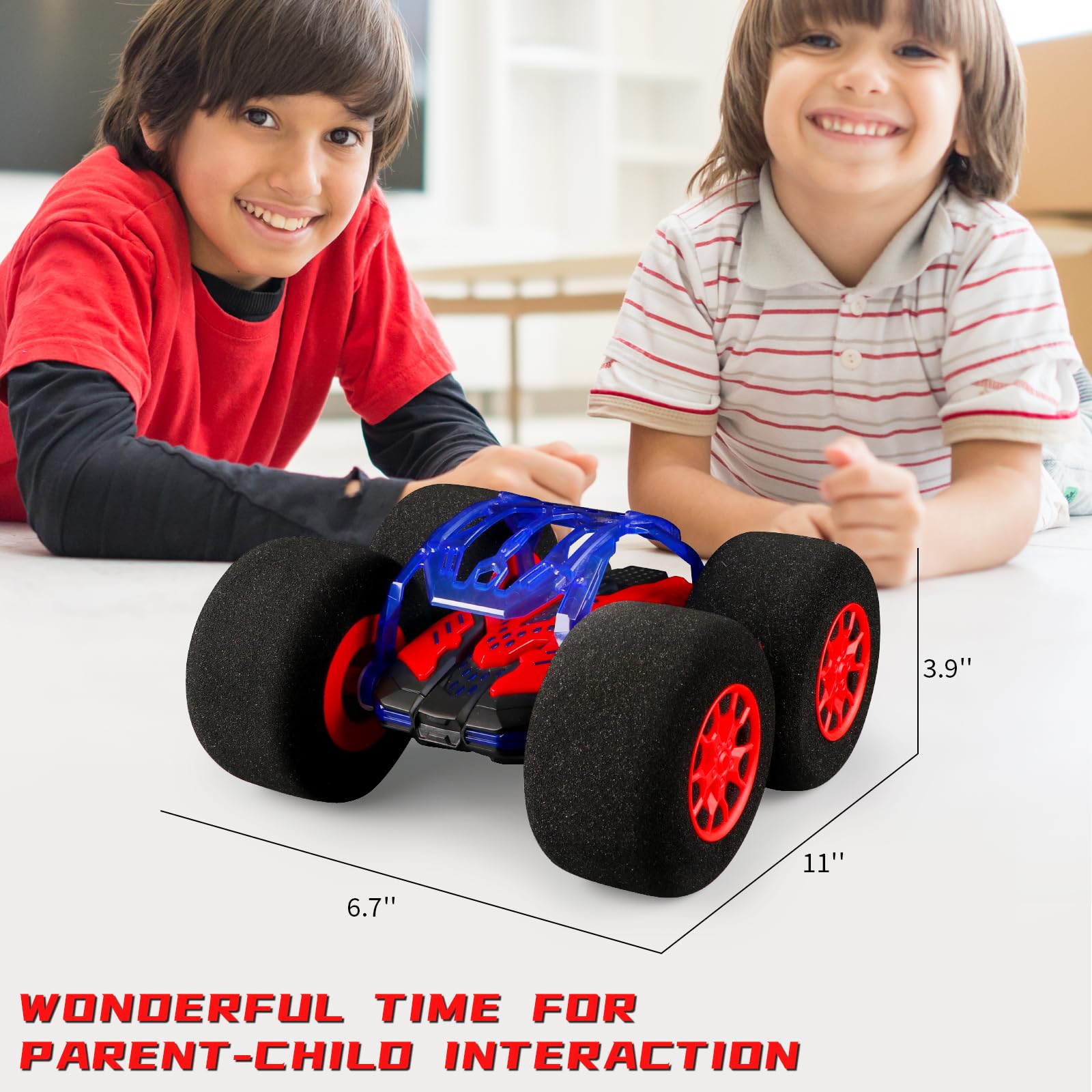 pinkking foam-tire RC car conquering stairs and obstacles indoors