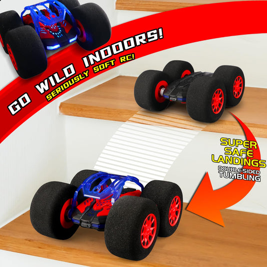 pinkking RC car performing 360° spins on a carpet surface