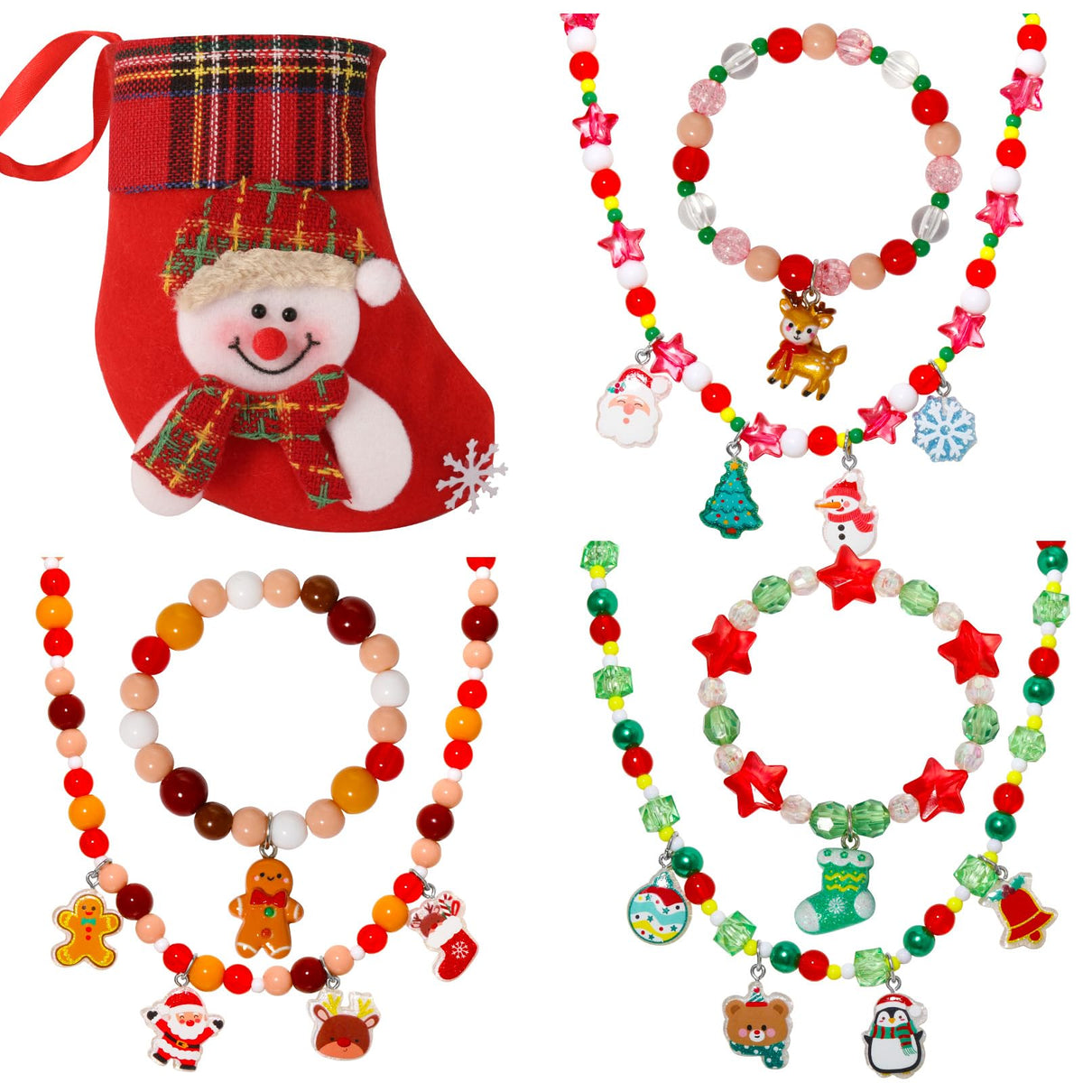 PinkSheep Christmas necklace set—three-piece beaded jewelry for girls, perfect for holiday outfits.