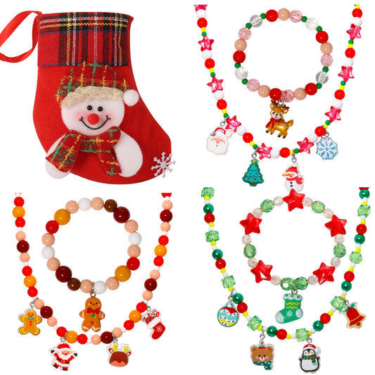 PinkSheep Christmas necklace set—three-piece beaded jewelry for girls, perfect for holiday outfits.