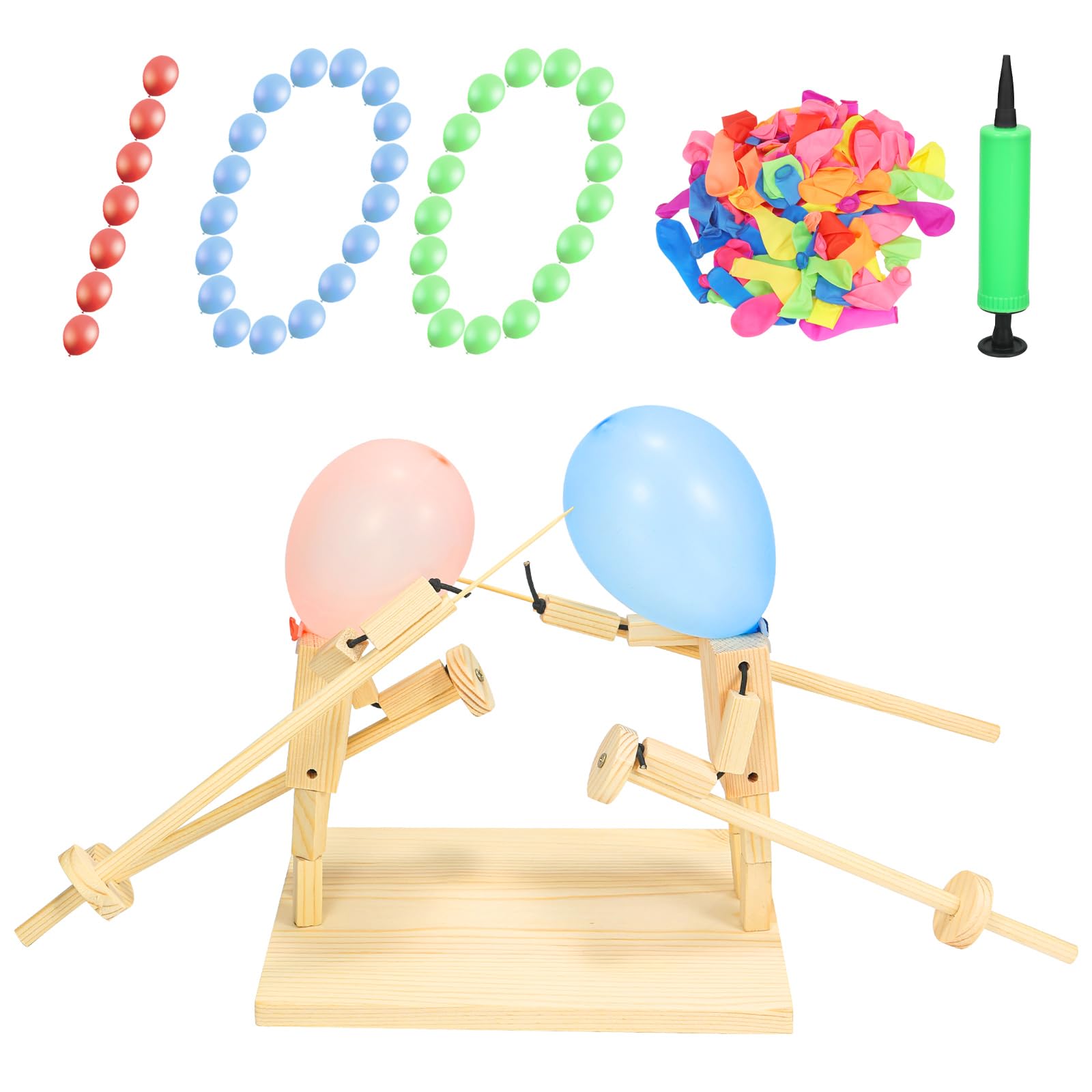 Pintada wooden fencing puppets ready for balloon popping and family fun.