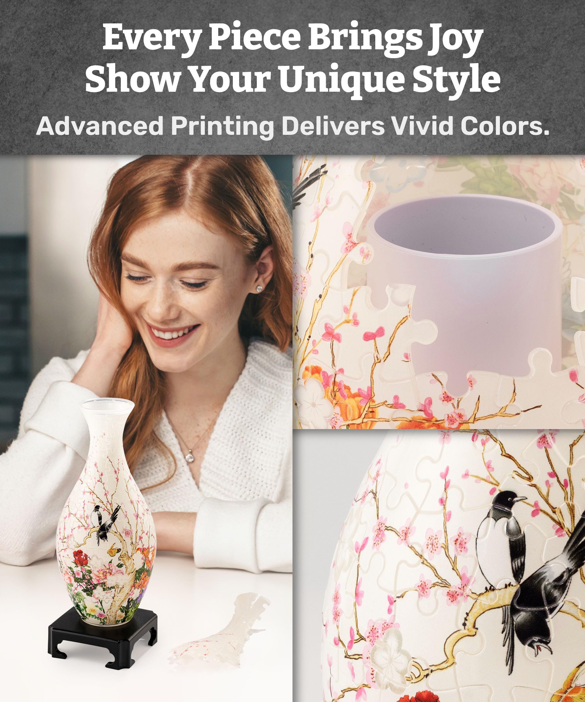 Pintoo 3D puzzle vase with stand and assembly for display-ready setup.