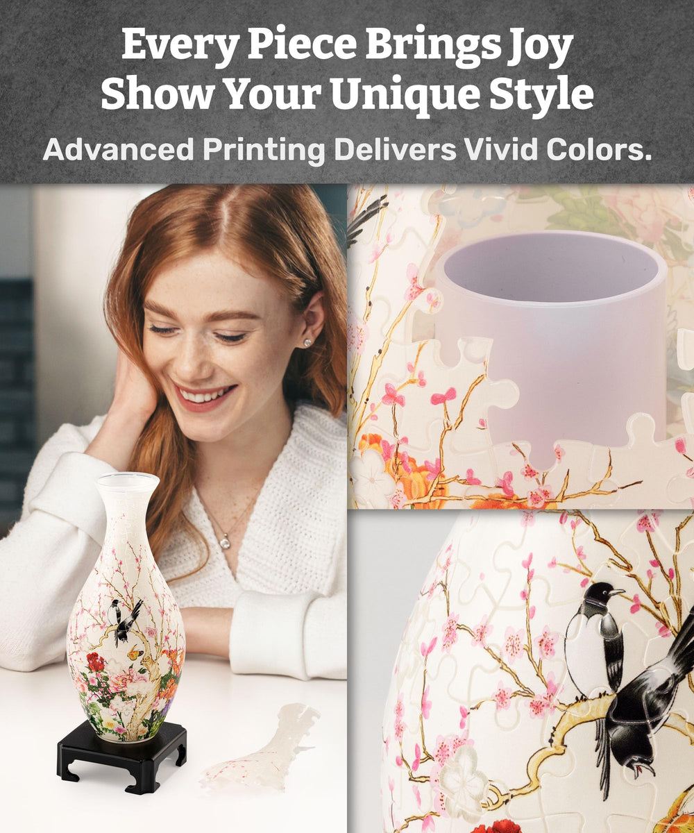 Pintoo 3D puzzle vase with stand and assembly for display-ready setup.