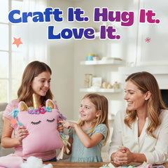 Kids crafting with Pinwheel Crafts unicorn pillow kit creates a plush friend