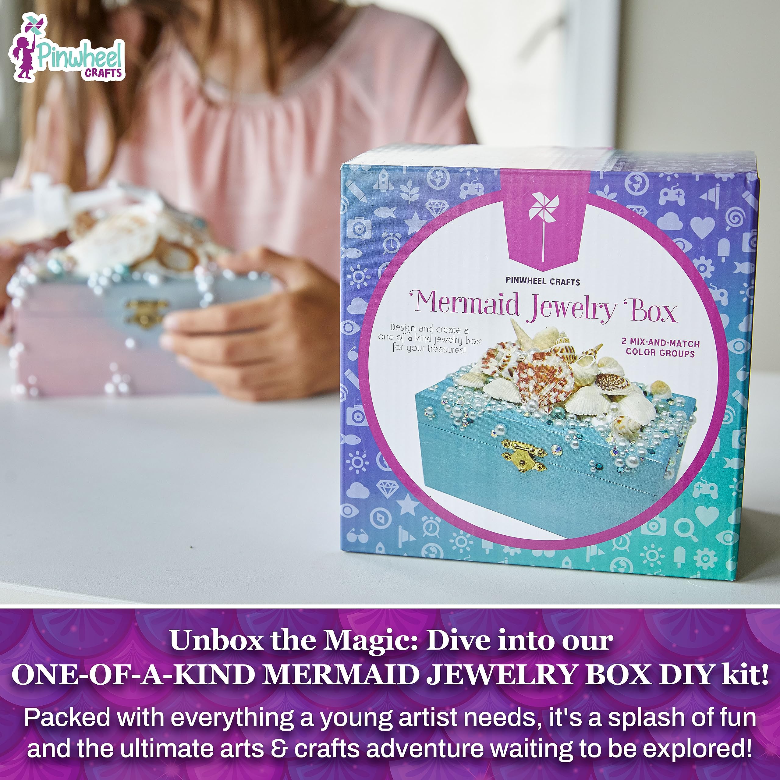 Pinwheel Crafts Mermaid DIY Jewelry Box Kit crystals, pearls, and shells add sparkling customization