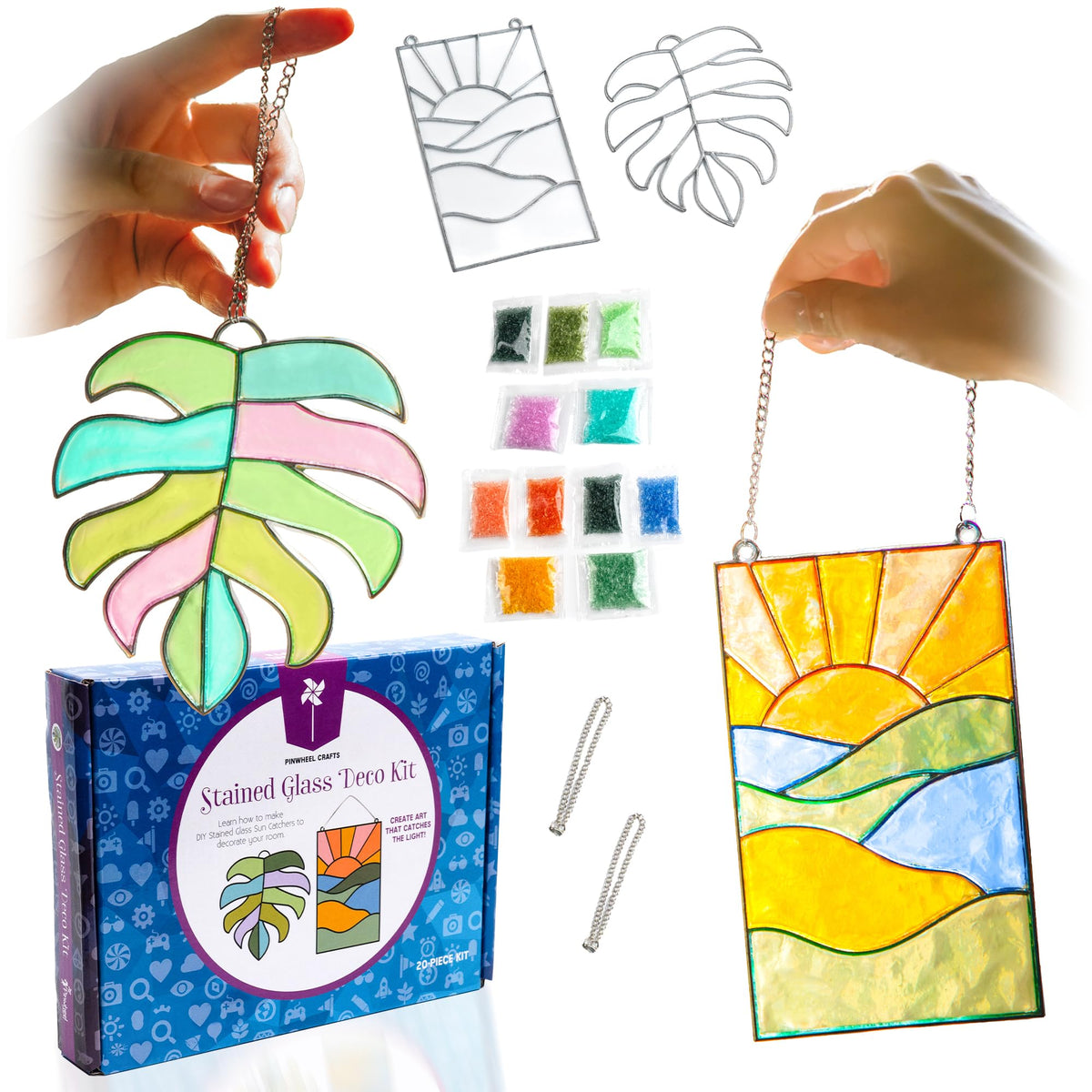 Pinwheel Crafts monstera leaf suncatcher adds vibrant color to sunny windows.