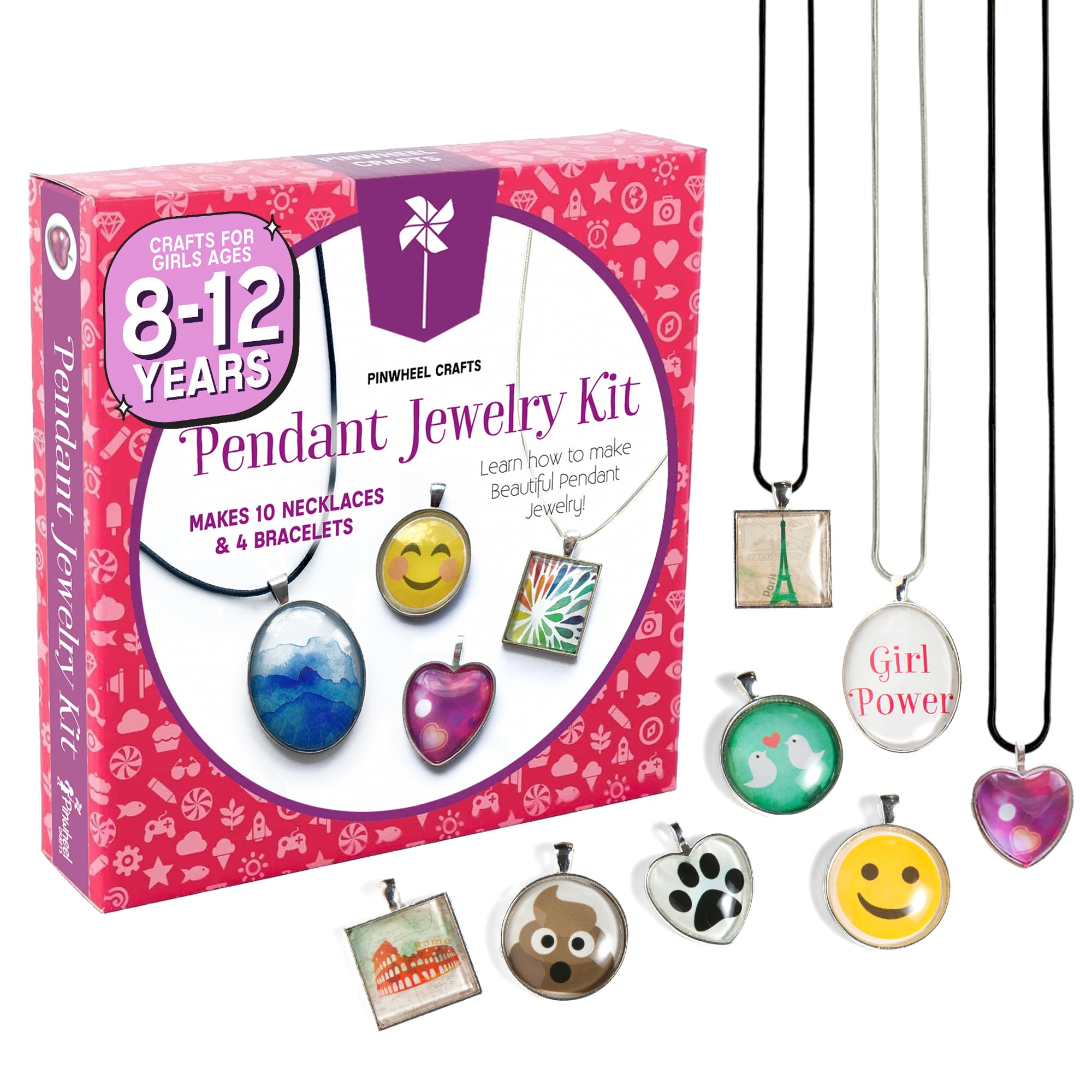 Pinwheel Crafts pendant kit starter contents for at-home jewelry making.