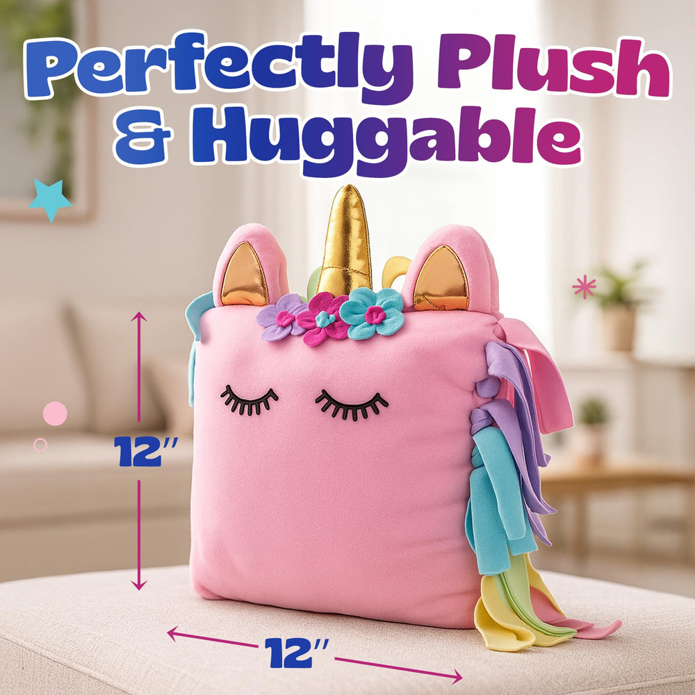 Unicorn pillow decor shown in a girl’s bedroom with playful accents