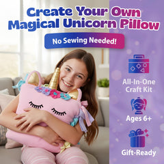 Unicorn pillow kit parts laid out for quick setup by kids