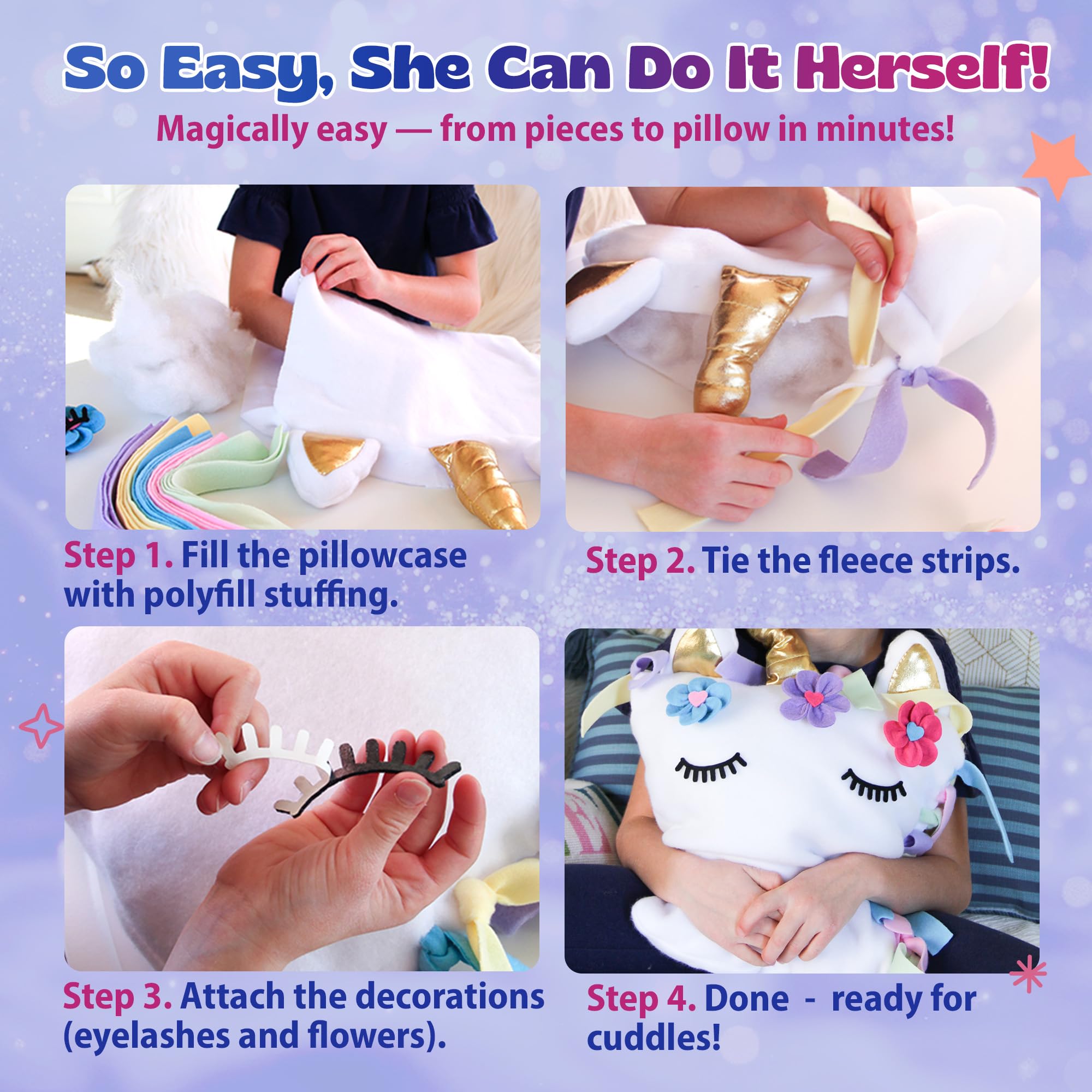 Pinwheel Crafts kids crafting session with the unicorn pillow kit for imaginative play.