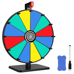 Pionites 12-inch prize wheel on table for engaging home parties and trade shows.