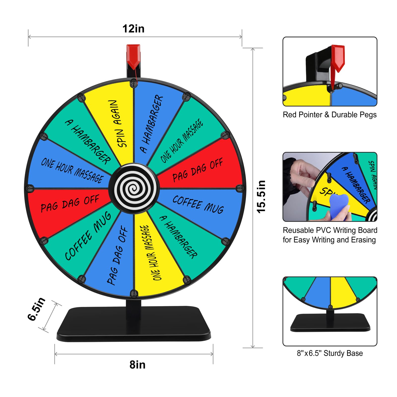 Pionites 12-slot prize wheel close-up showing vibrant sections and rotation.