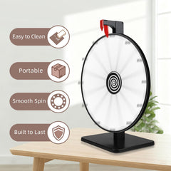Pionites prize wheel with dry erase marker and eraser for easy on-the-fly updates.