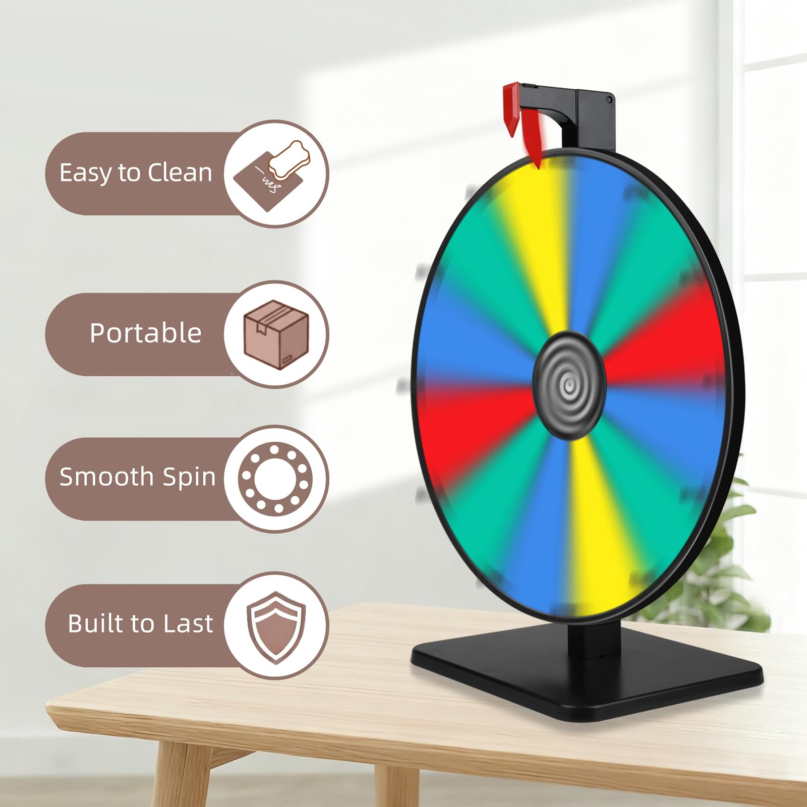 Pionites prize wheel with dry erase surface for quick updates during events.