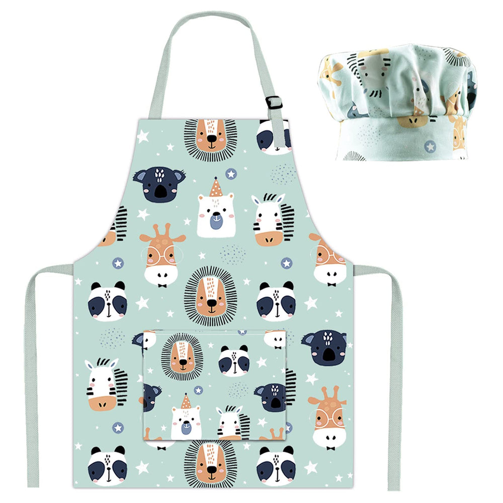Pipoobear kids apron with front pocket for easy utensil access during cooking.